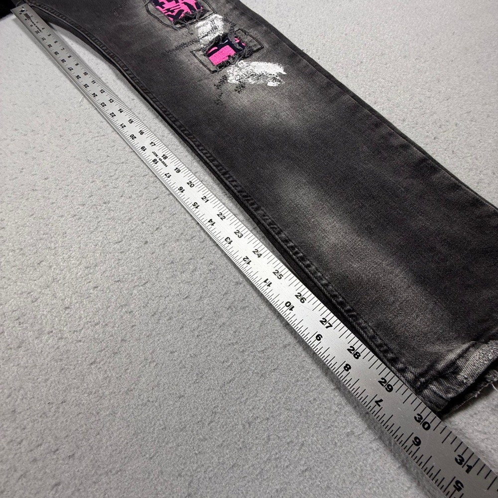 XWAY Mens Black Denim Jeans Pink Skull Cyber Grotesk Distressed Streetwear 36 - Picture 8 of 10